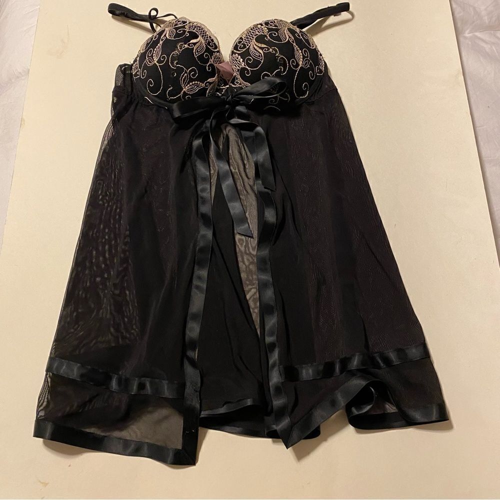 Inner Secrets Sexy black nightie baby doll lingerie padded lace mesh goth -S